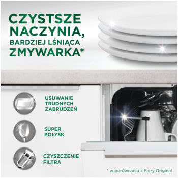 Kapsułki Fairy Platinum: czyste naczynia i lśniąca zmywarka. Usuwają trudne zabrudzenia, zapewniają super połysk.