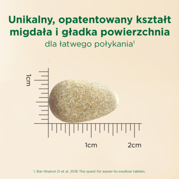 MÖLLERS tabletka suplementu o opatentowanym, migdałowym kształcie, z miarką 1-2cm, dla łatwego połykania.