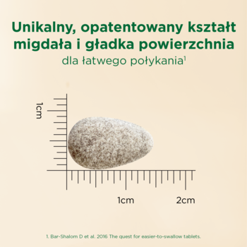 MÖLLERS Żelazo + Witamina C: owalna tabletka na tle miarki, kształt migdała dla łatwego połykania.