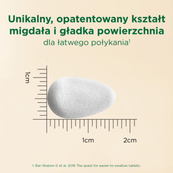 MÖLLERS Magnez + B6, biała tabletka o opatentowanym kształcie migdała, z gładką powierzchnią, do łatwego połykania, z miarą.