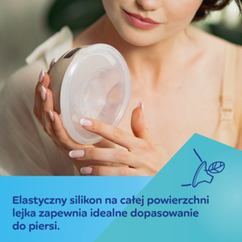 Laktator muszlowy Canpol SmartSense: zbliżenie na elastyczny lejek SkinFIT z miękkiego silikonu w dłoni. 
