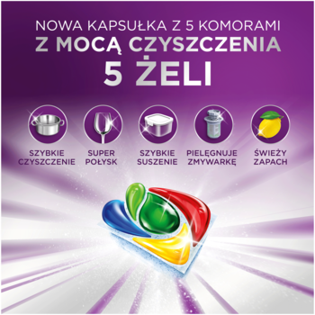 Fairy Platinum Plus Cytryna, tabletki do zmywarki. Multikolorowa kapsułka z 5 żelami, na tle fioletowym z ikonami cech.