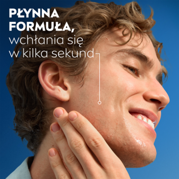 Mężczyzna nakłada NIVEA MEN Hydro Care esencję nawilżającą na policzek. Płynna formuła wchłania się w kilka sekund.