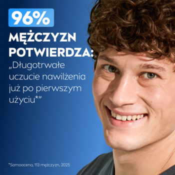 Uśmiechnięty mężczyzna, obok tekst: 96% MĘŻCZYZN POTWIERDZA długotrwałe nawilżenie NIVEA MEN Hydro Care Power Serum.