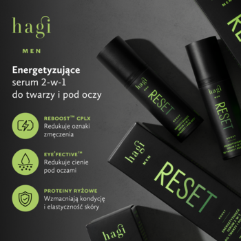 Energetyzujące serum Hagi Men Reset 2-w-1, dwie czarne butelki i opakowanie na ciemnym tle.