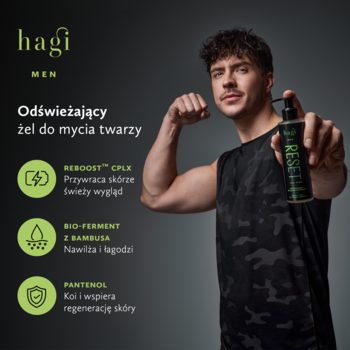 Hagi Men Odświeżający żel do mycia twarzy Reset, ciemna butelka z pompką, trzymana przez mężczyznę.