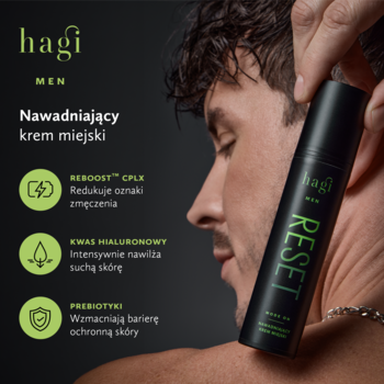 Hagi Men Reset nawadniający krem miejski w czarnej butelce, trzymany przez mężczyznę, z Reboost CPLX.