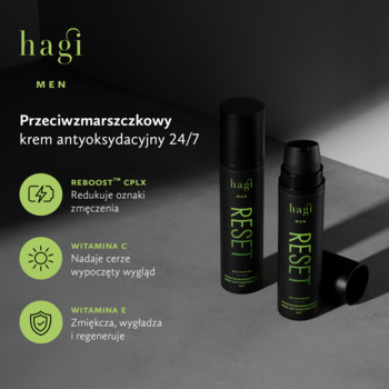 Dwie czarne butelki Hagi Men Reset, przeciwzmarszczkowy krem antyoksydacyjny 24/7, na ciemnym tle.