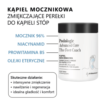 Biały słoik Podologic Advanced Care The Feet Coach, zmiękczające perełki do stóp z mocznikiem 96%, obok opis.
