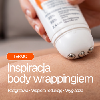 Biała tubka Lirene Dermo Program Anti Cellulite z rolkowym aplikatorem na skórze, tekst TERMO widoczny.