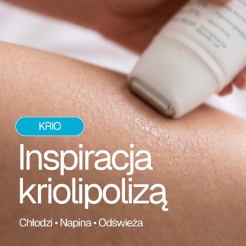 Kobieta aplikuje urządzenie KRIO, chłodzący kompres antycellulitowy Lirene Dermo Program, na nogę.