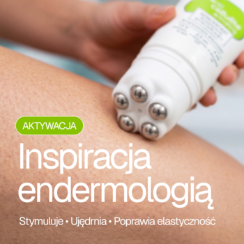 Biały roll-on Lirene Anti Cellulite na skórze uda, masujący aplikator z metalowymi kulkami. Inspiracja endermologią.