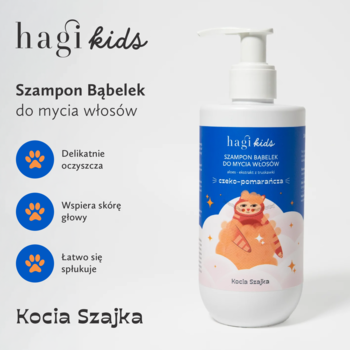 Biała butelka szamponu Hagi Kids Bąbelek dla dzieci, o zapachu czeko-pomarańczy, z kotkiem na niebieskiej etykiecie.