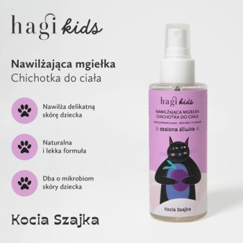 Mgiełka do ciała Hagi Kids Kocia Szajka o zapachu śliwki, butelka z kotem i opisem cech na jasnym tle.