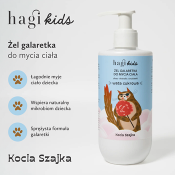 Hagi Kids Żel galaretka do ciała Kocia Szajka wata cukrowa w białej butelce z kotem na błękitnej etykiecie.