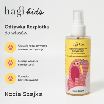 Hagi Kids Odżywka Rozplotka w sprayu, czeko-pomarańcza. Przezroczysta butelka z żółtą etykietą i postacią dziecka.