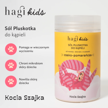 Sól do kąpieli Hagi Kids Pluskotka czeko-pomarańcza w żółtym słoiku, obok infografika z jej zaletami.