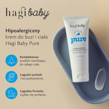 Krem Hagi Baby Pure, hipoalergiczny do twarzy i ciała, w białej tubce z niebieskim napisem, na niebieskiej tacy.