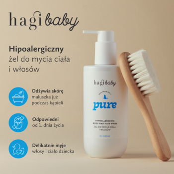 Hagi Baby Pure hipoalergiczny żel do mycia ciała i włosów, biała butelka z pompką, obok drewniana szczotka.