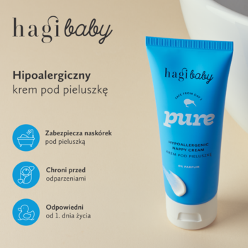 Hagi Baby Pure hipoalergiczny krem pod pieluszkę w niebieskiej tubce z białym akcentem, tekst i ikony na beżowym tle.