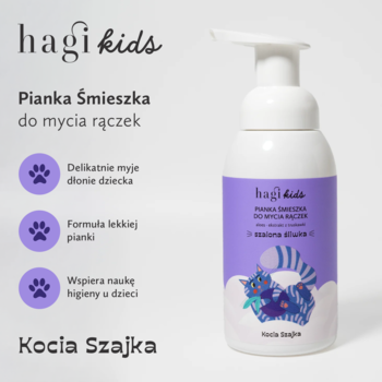 Biała butelka Hagi Kids Pianka Śmieszka Kocia Szajka szalona śliwka, z pompką i kotem na fioletowej etykiecie.