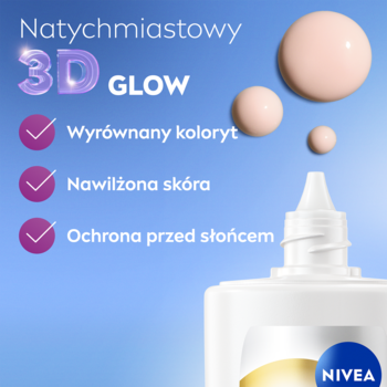 NIVEA Luminous630 Skin Glow Fluid SPF 50+ w białej butelce z kroplomierzem. Podkreśla 3D glow, nawilżenie, ochronę przed słońcem.