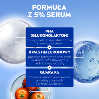 Infografika NIVEA LUMINOUS630 Płyn Micelarny z 5% serum: PHA, kwas hialuronowy, guarana i ich działanie.