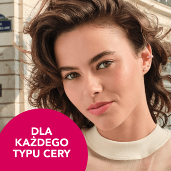Kobieta o promiennej cerze i falowanych włosach, podkład Bourjois Healthy Mix, z tekstem 'DLA KAŻDEGO TYPU CERY'.