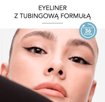 Zbliżenie na kobietę z intensywnym, tubingowym eyelinerem Bourjois; widoczna grafika 36h trwałości.
