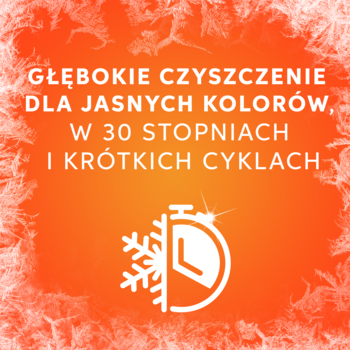 Grafika Vizir Pods: głębokie czyszczenie kolorów, 30 stopni, krótkie cykle. Ikona mrozu i zegara.