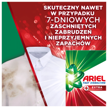 Ariel Fast Dissolving proszek: opakowanie obok koszuli z plamami. Reklama skuteczności na 7-dniowe zabrudzenia i zapachy.