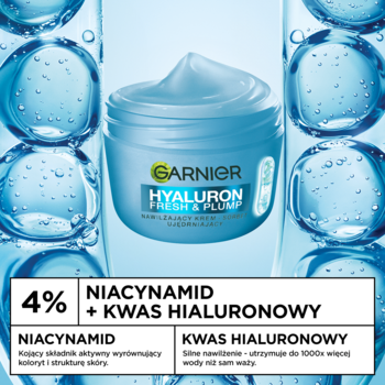 Garnier Hyaluron Fresh & Plump: błękitny krem-sorbet w turkusowym słoiczku, widok z przodu, wodne tło z bąbelkami, z 4% niacynamidu.