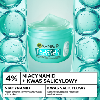 Garnier Salicylic Fresh & Pure krem-sorbet, turkusowy słoik, 4% Niacynamidu i Kwasu Salicylowego na tle bąbelków.