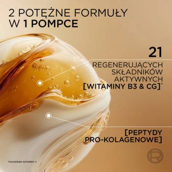 L'Oréal Paris Age Perfect Serum Le Duo, zbliżenie na wirujące dwufazowe serum: złote i kremowe, z info o witaminach i peptydach.