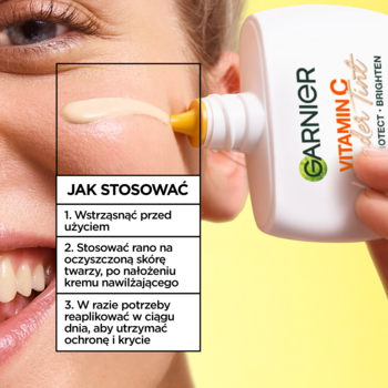 Garnier Vitamin C Wonder Tint SPF 50+, beżowy fluid nakładany na skórę, z instrukcją użycia i nazwą produktu.