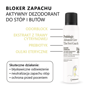 Biały dezodorant do stóp i obuwia Podologic Advanced Care z prebiotykiem, na białym tle z opisem składników.
