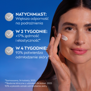 Kobieta aplikuje odmładzający krem na dzień NIVEA Cellular Epigenetics, z widocznymi obietnicami efektów.