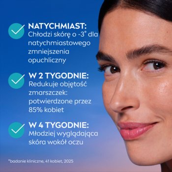 Kobieta z gładką skórą, obok tekstu: NIVEA Cellular Epigenetics redukuje opuchliznę i zmarszczki, młodsza skóra.