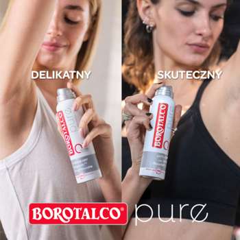 Dezodorant Borotalco Pure 0% aluminium. Dwie kobiety pokazują delikatność i 48h skuteczność produktu w sprayu.