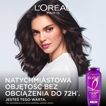 Kendall Jenner z objętościowymi włosami i szampon L'Oréal Elvive Collagen Lifter w fioletowej butelce, ciemne tło.