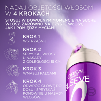 Fioletowy spray L'Oréal Elseve, nadający objętość włosom, z widoczną instrukcją 4 kroków użycia.