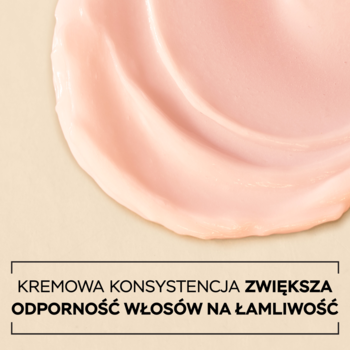 Pantene Pro-V Grow Abundant, zbliżenie na kremową, brzoskwiniową konsystencję. Napis: zwiększa odporność włosów na łamliwość.