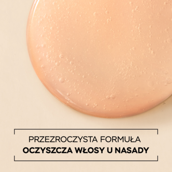 Gęsty, brzoskwiniowy szampon Pantene Pro-V Grow Abundant na beżowym tle, z tekstem: Oczyszcza włosy u nasady.