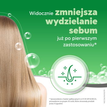 Szampon Nizoral Daily Care do włosów przetłuszczających się. Widok z tyłu na blond włosy, zielone tło, tekst: 'zmniejsza wydzielanie sebum'.
