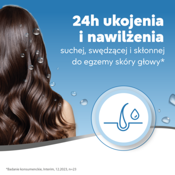 Szampon Nizoral Daily Care: brązowe włosy z kroplami wody, tekst 24h ukojenia dla suchej skóry głowy.