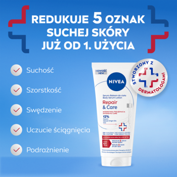 NIVEA Repair & Care serum-balsam, biała tuba, redukuje 5 oznak suchej skóry. Na błękitnym tle z listą korzyści.