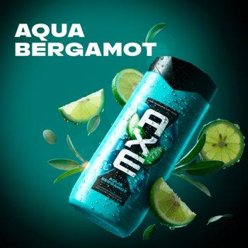 Axe Aqua Bergamot żel pod prysznic, turkusowa butelka z kroplami wody, otoczona bergamotką, na tle teal.