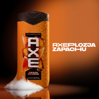 Pomarańczowy żel pod prysznic Axe Peach Infusion o brzoskwiniowym zapachu, butelka z czarną nakrętką, piana, widok z przodu.