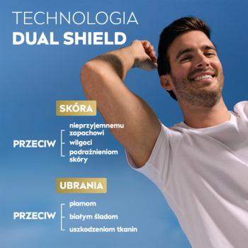 Uśmiechnięty mężczyzna, technologia Dual Shield. Antyperspirant 72h chroni skórę i ubrania przed plamami, wilgocią.