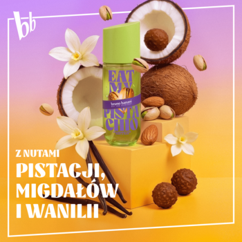Mgiełka Eat my Pistachio w zielonej butelce, otoczona kokosami, pistacjami, migdałami, wanilią i pralinami na barwnym tle.